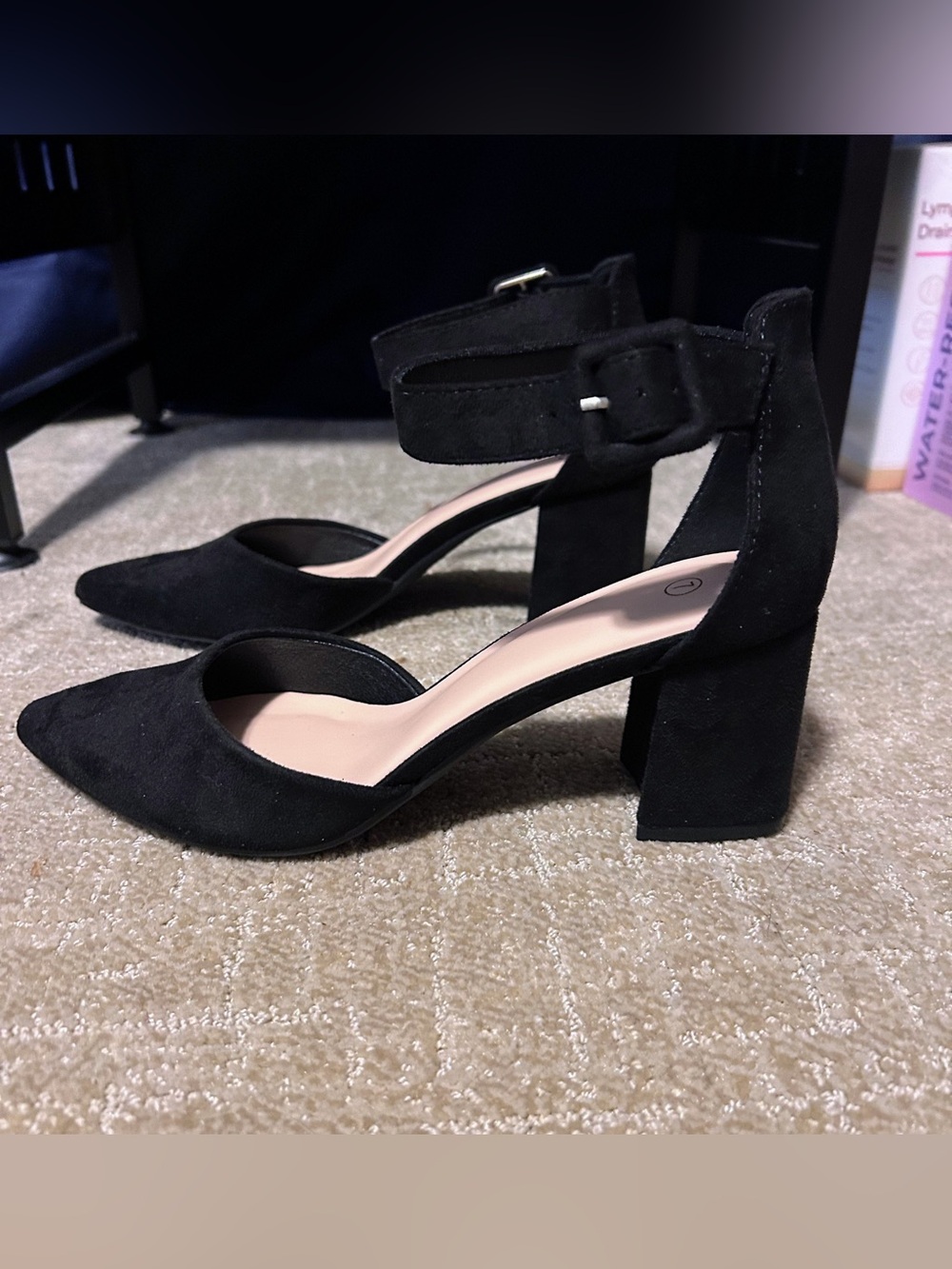 Classic Black Ankle-Strap 3 Inch Block Heel Pump Size 7 Suede